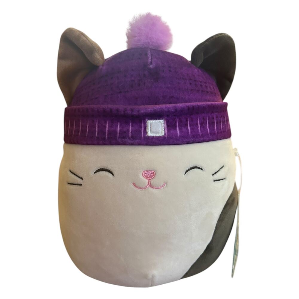 Squishmallows Kellytoy 8" Stuffed Plush Cam The‎ Calico Cat Purple Winter Hat